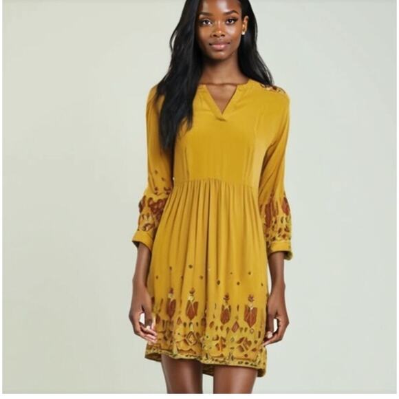 Womens S Boho Long Sleeve Dress Embroidered V Neck Gold Mustard Yellow Hippie - Picture 1 of 14